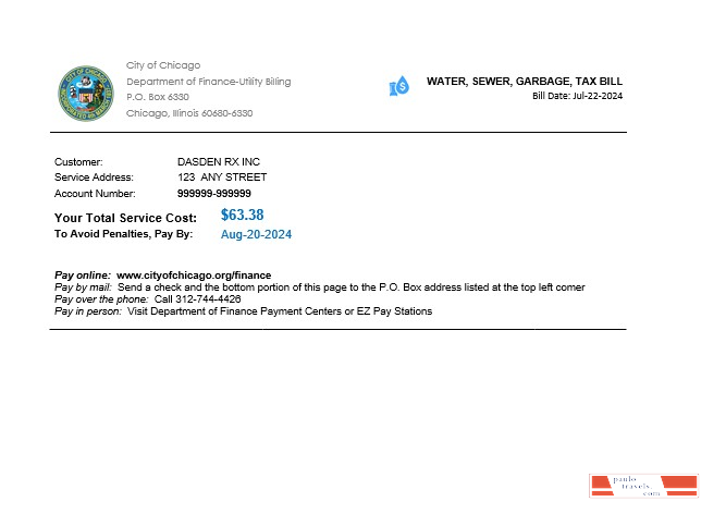 USA Illinois Chicago water, sewer, garbage, tax business utility bill Word and PDF template PSD template